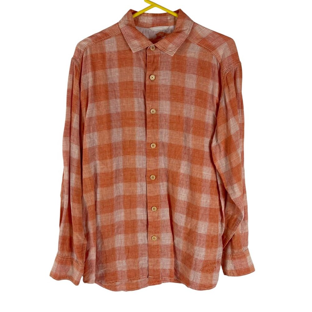 Tommy Bahama Linen Long Sleeve‎ Button Front Shirt Mens Large Orange Checks